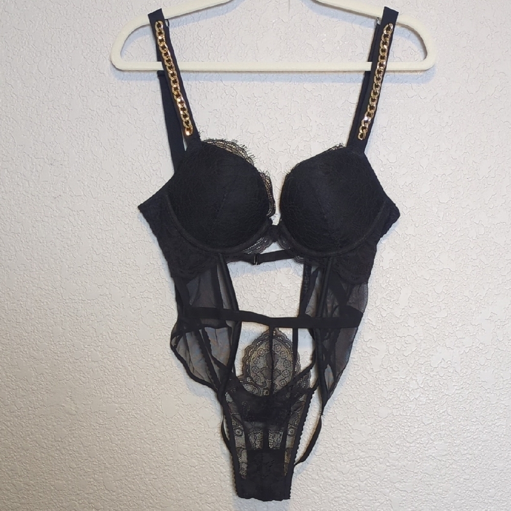 Victoria's Secret black gold chain strap lace push up teddy bodysuit - Picture 6 of 13